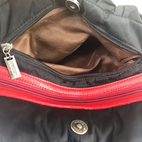 MOSCHINO Vintage 90s Nylon Leather Shoulder Bag Hobo Zipper Pocket Red Logo Tote - Picture 7 of 16